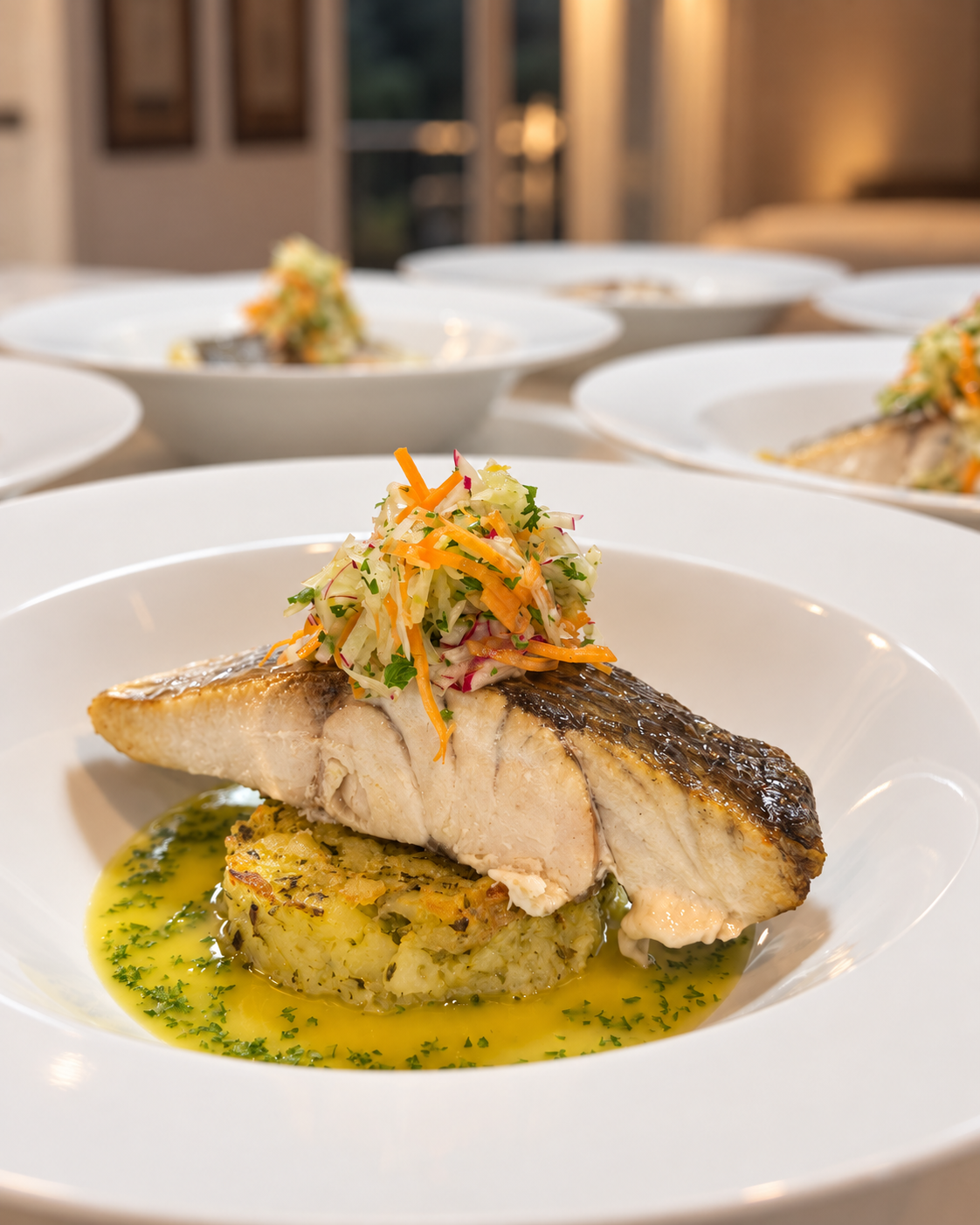 A refined plated fish course by Chef Jessica Violet