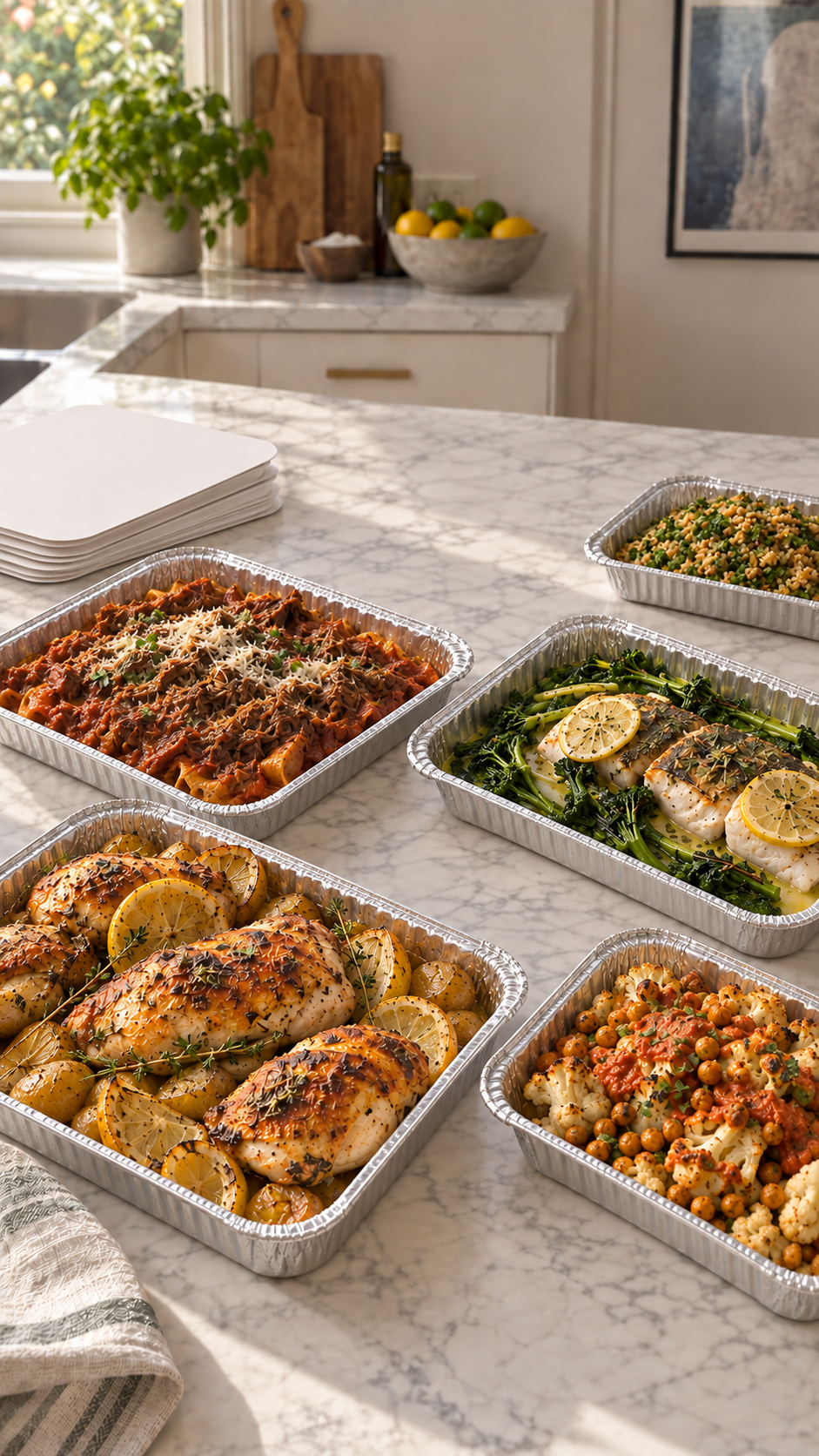 Family-style roast chicken, beef ragu, fish and seasonal sides in disposable oven trays
